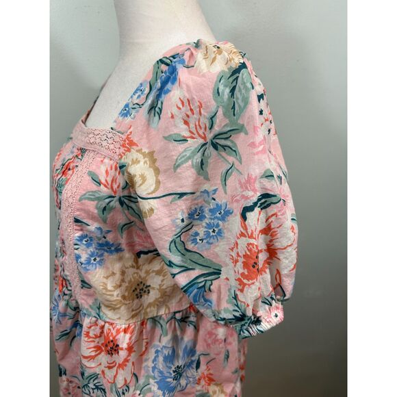 Loft 100% Cotton Pink Floral Peplum Lace Puff Sleeve Top Size XS Cottagecore - Picture 6 of 13